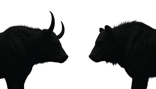 Bull and bear silhouettes face each other to represent the volatile nature of financial markets and the constant struggle between rising and falling asset prices in the global stock exchange industry.