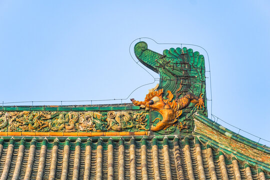 Traditional Chinese Temple Dragon Roof Detail, Beiyue Temple, Quyang County, Baoding, Hebei