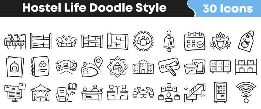 Hand drawn hostel life doodle icons set for travel design