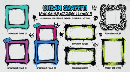 Urban graffiti border and frame collection with rough ink and spray paint elements © S.Siam