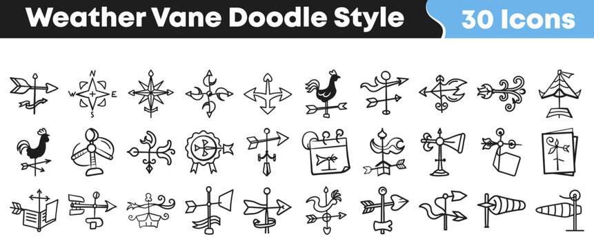 Hand drawn collection of thirty unique weather vane doodle icons