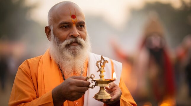 Indian sadhu holding brass oil lamp during spiritual ritual. Elderly man with white beard dressed in traditional orange robes. Hindu monk performing diwali prayer. Religious culture concept.