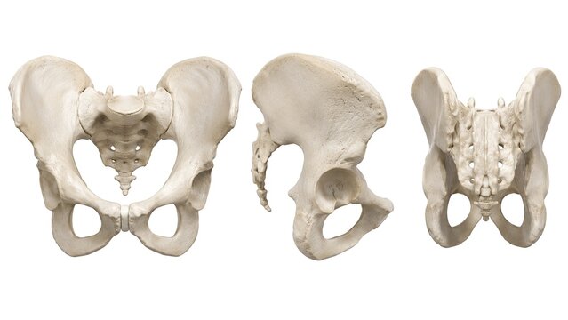 Detailed human pelvis anatomy illustration showing pelvic bone sacrum ilium ischium pubis anterior lateral posterior views isolated on white background