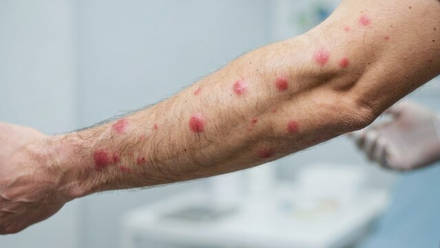 Close-up of human forearm with red inflamed skin rashes and bumps
