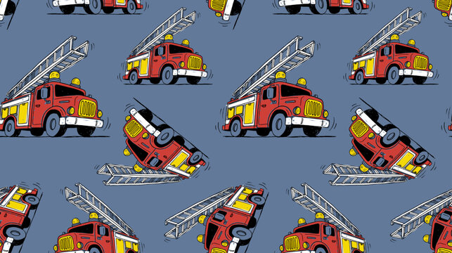 Seamless Fire Truck Print Pattern. kids Graphic tee. car print design. cartoon illustration of a red fire truck. kids boy graphic tee. 