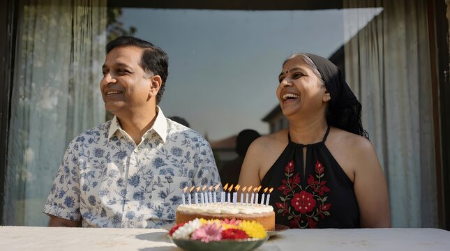Indian man and woman celebrating birthday with cake. Mature couple smiling and laughing during home anniversary dinner. Joyful lifestyle of senior asian husband and wife at party.