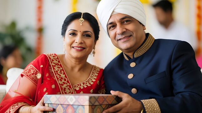 Indian woman and man wearing traditional clothing holding a decorative gift box. Couple celebrating wedding anniversary or festival together. Concept of love, family and celebration.