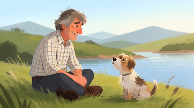 Elderly man sitting on grass by lake with his dog. Cartoon illustration of senior male playing with loyal pet outdoors. Friendship between human and animal in nature, leisure concept.
