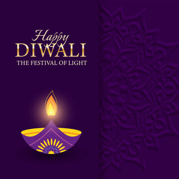 Happy Diwali, Festival of Lights greeting card with glowing diya lamp. Festive background, web banner, poster, social media