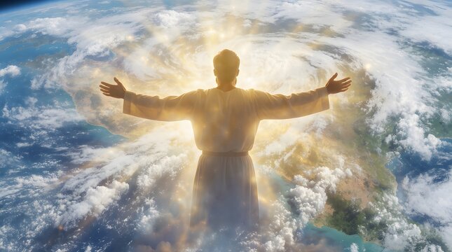 Man representing Jesus standing with open arms above Earth. Spiritual silhouette with glowing light rays against planet landscape. Religious concept of protection, love and salvation.