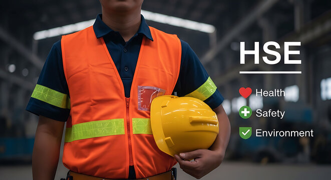 Industrial worker holding safety helmet presenting HSE health safety environment
