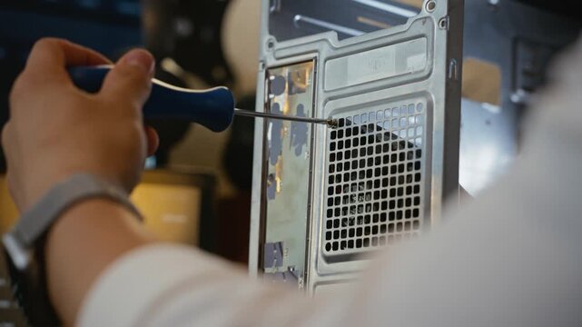 Young adult man unscrewing computer case with screwdriver, repairing hardware. Footage is ideal for IT support services, computer repair tutorials, and technology maintenance promos