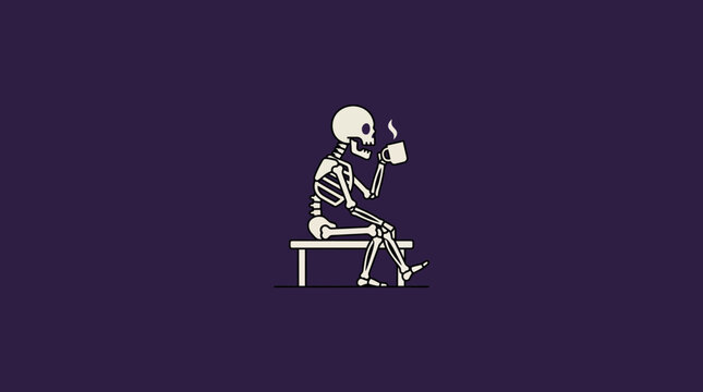 Skeleton sitting on a bench drinking hot coffee during halloween