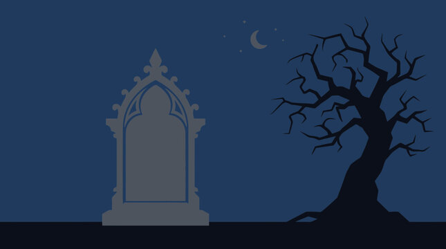 Spooky halloween graveyard with gothic headstone and bare tree