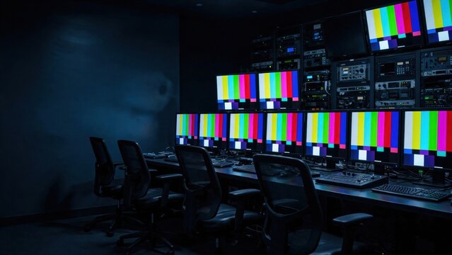 Empty broadcast control room with multiple test pattern monitors