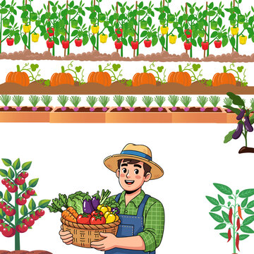 Farmer Harvesting Fresh Organic Vegetables Cartoon Illustration Isolated on Transparent Background