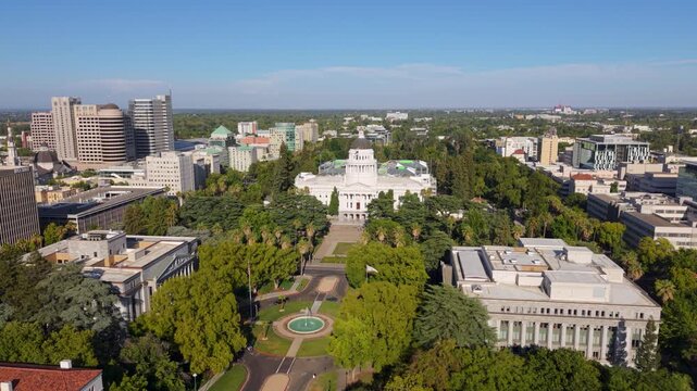Aerial views showcase the west side of the California State Capitol with the annex under construction on the east side of the building.