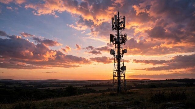 Cell Tower Silhouette at Colorful Sunset Over Rural Landscape