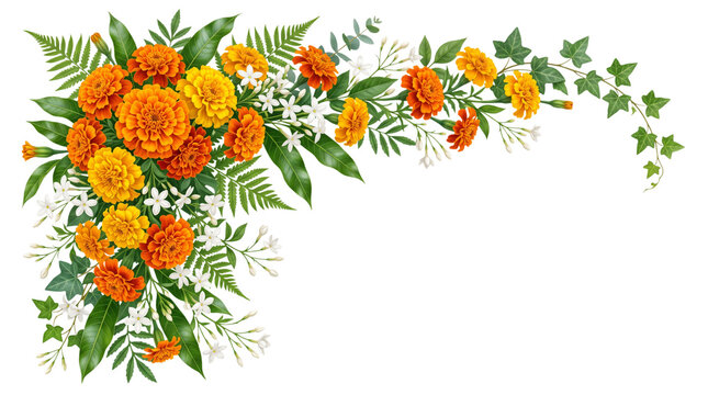 Indian floral corner border with marigolds, jasmine, fern, ivy isolated on transparent background
