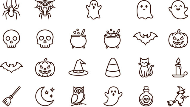 Halloween thin line icon set featuring spooky ghosts jack o lantern pumpkins skulls spiders bats witch hats and brooms.