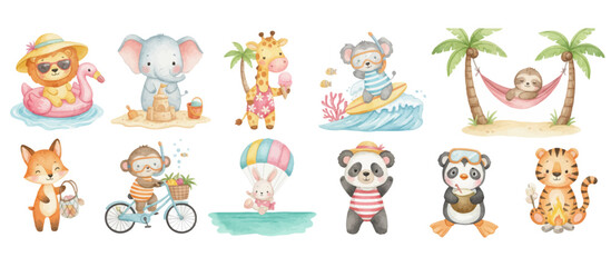 Fototapeta premium Adorable summer beach animals watercolor clipart set with cute wildlife on vacation, surfing and tropical holiday. Collection of Vector illustrations for invitation, card, poster, banner, decoration