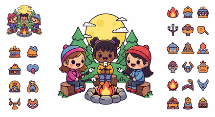 Fototapeta premium Three diverse children camping around a campfire under a full moon.