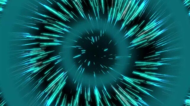 Hyperspace jump through star tunnel with expanding portal rings, stars stretching into light streaks at warp speed, rotating space travel on black background for sci-fi intro or wormhole transition