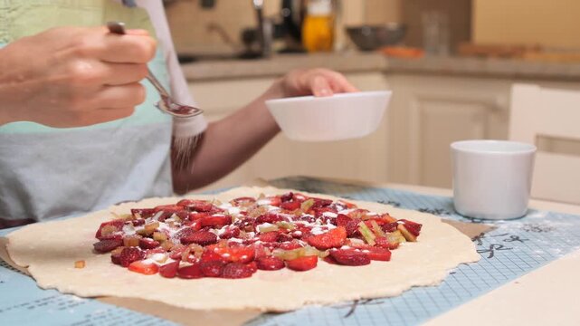 Hands preparing a traditional strawberry and rhubarb galette, sprinkling sugar over the rich fruit filling on a rolled out pastry dough in a home kitchen setting, showing the joy of baking
