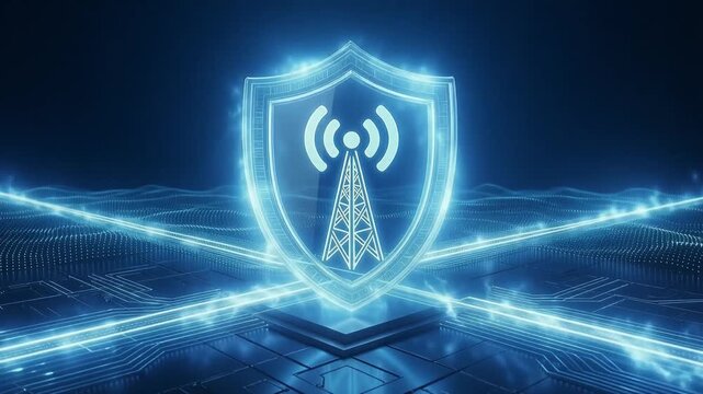 Experience ultimate digital security with our glowing blue mobile signal shield, symbol of robust network protection and advanced technology
