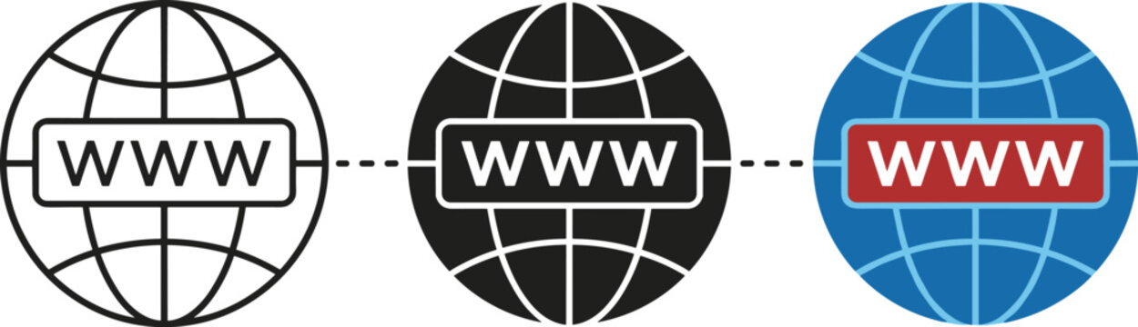 Website globe icon collection featuring WWW internet symbol in outline glyph and flat color vector illustration styles