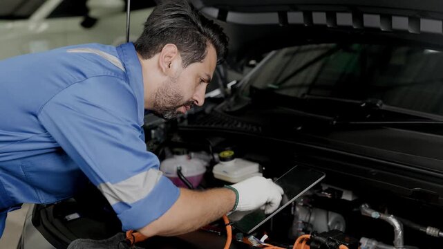 Professional EV Car auto mechanic service maintenance EV high volt cable fix replacing cabling new electric line in front of car