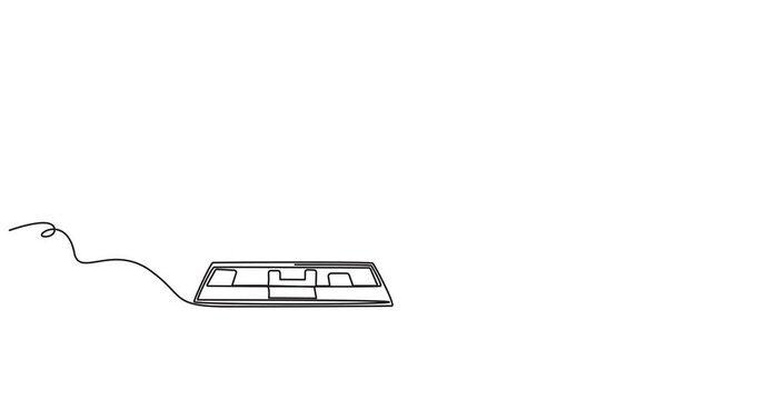 Laptop computer with cloud icon, Digital technologies. Continuous line animation. Portable digital gadgets with Earth globe animated video. International teamwork concept motion graphic.