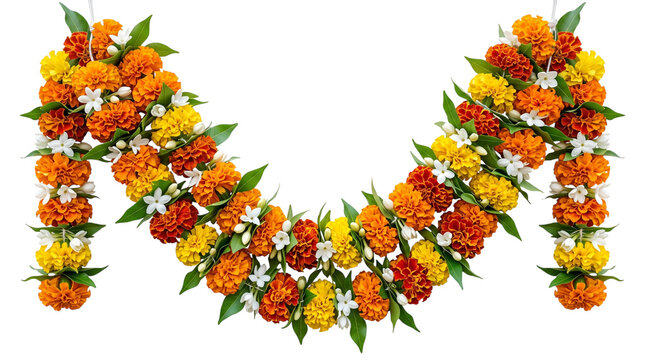 Festive indian flower garland with marigold, jasmine, and leaves, isolated on transparent background