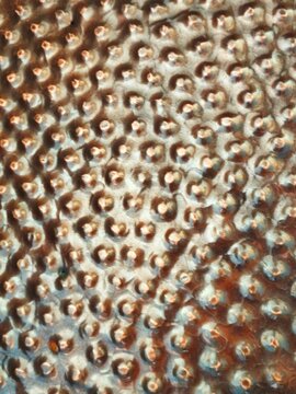 Texture of hammered copper metal surface with random small round embossed dot relief patterns in antique golden brown.