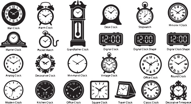 Collection of various clock icons and timekeeping devices in black and white flat vector illustration style