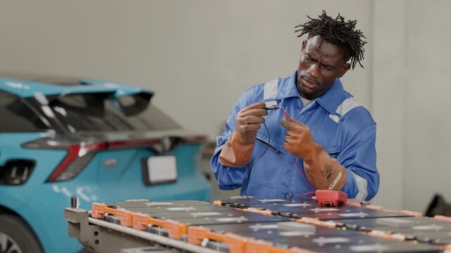 EV car battery voltage load test balance , Male worker checking in Electric vehicle garage workshop auto service.