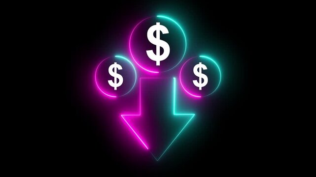 Neon line dollar sign and downward arrow on black background indicating financial decline or decrease. 4k video Dollar currency price drop concept 