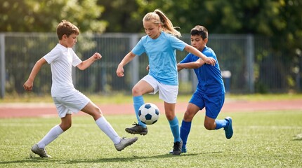 Obraz premium Girl and boys playing soccer on field. Child footballer dribbling ball during match. Young athlete team practicing sports activity. Outdoor competition healthy lifestyle, fitness concept.