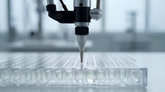 Automated Laboratory Robotic Arm Dispensing Liquid Into Microplate for Scientific Research
