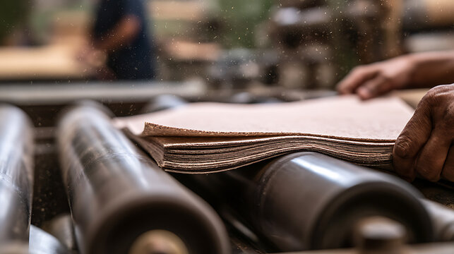 Skilled hands guide wood through industrial rollers in a woodworking shop, with sawdust caught in the light, showcasing craftsmanship and production process