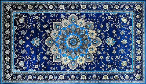 Blue persian rug floral medallion pattern