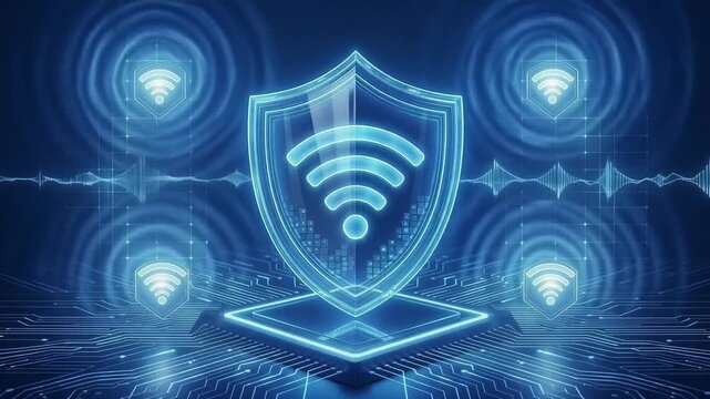 Digital shield technology offers robust network security and protection secure connection with glowing Wi Fi symbols, radiating advanced protection