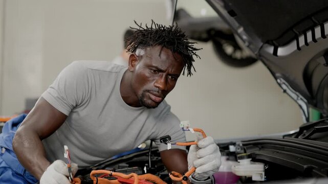 Professional African black male worker working service maintenance EV car in EV garage auto workshop, Cabling DC Inverter power line.