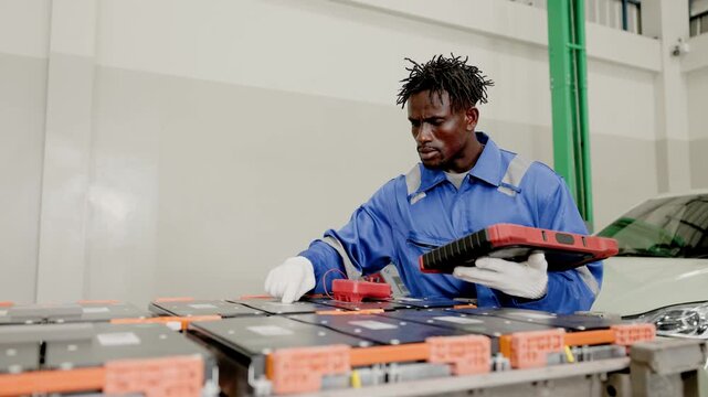 Professional Mechanic worker check monitor EV car Battery load balance checking and measurement in EV Garage auto service.
