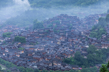 Obraz premium Xijiang Miao Village Morning Mist, Guizhou China