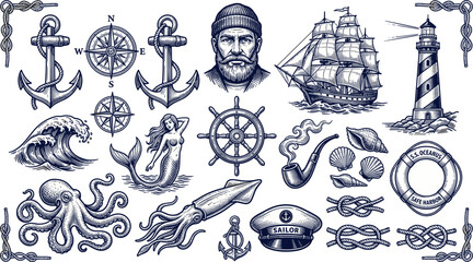 Nautical vintage vector illustration set featuring captain lighthouse ship anchor octopus mermaid and marine elements © Shirin