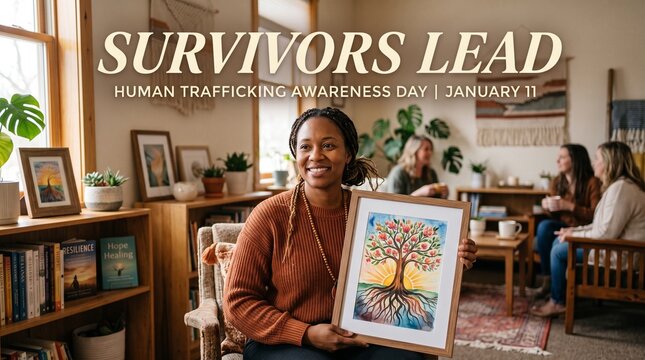 Woman holding a framed tree artwork in a cozy community safe space room