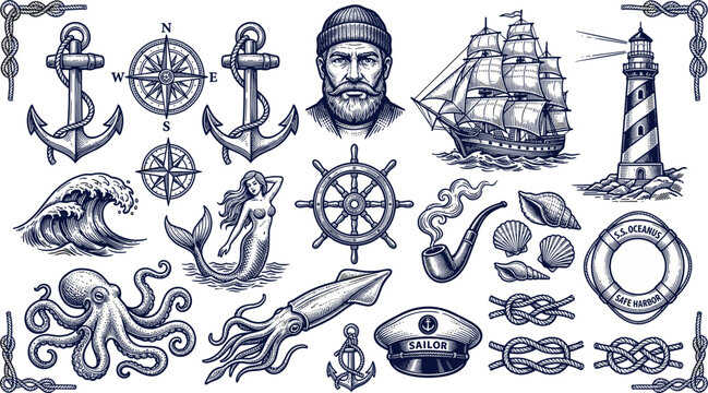 Nautical vintage vector illustration set featuring captain lighthouse ship anchor octopus mermaid and marine elements