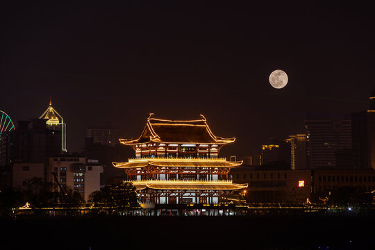 Jiangge Pagoda Changsha at Night with Full Moon