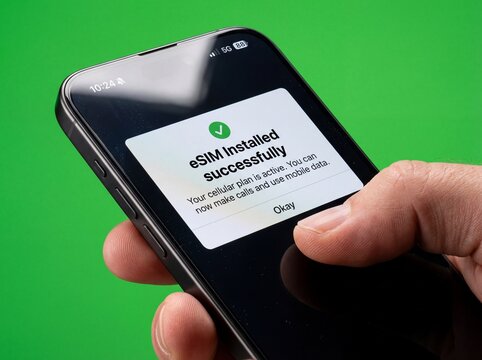Close-up of hand holding smartphone with success message on screen